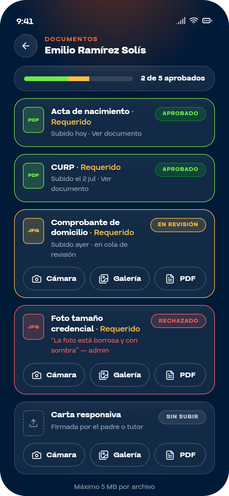 Documentos del jugador con estatus de revisión
