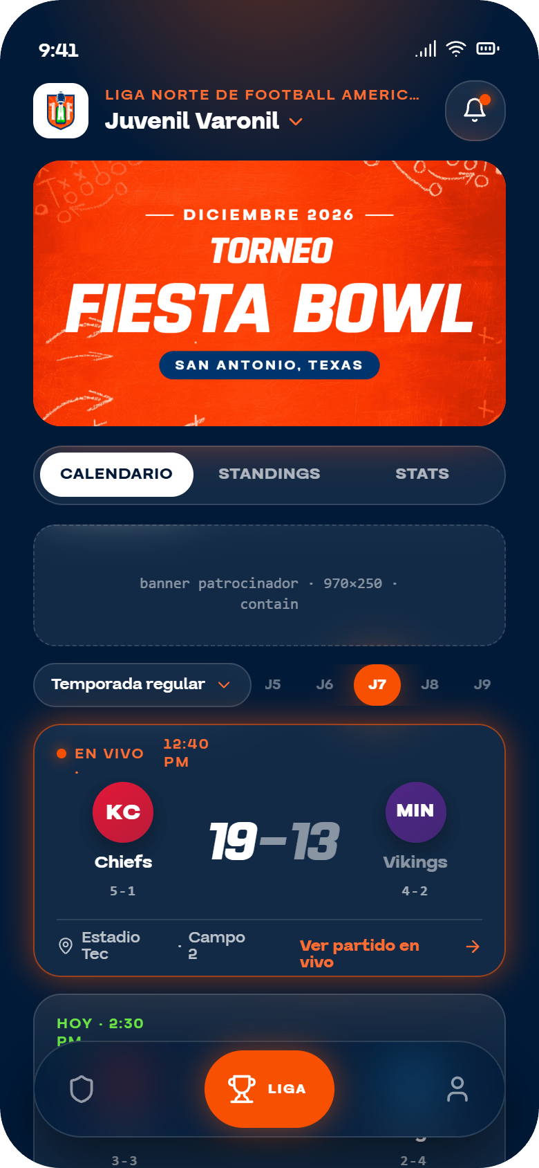 Calendario, tabla y líderes de la liga en la app