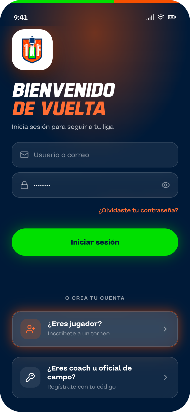 Pantalla de inicio de sesión de la app One App Football