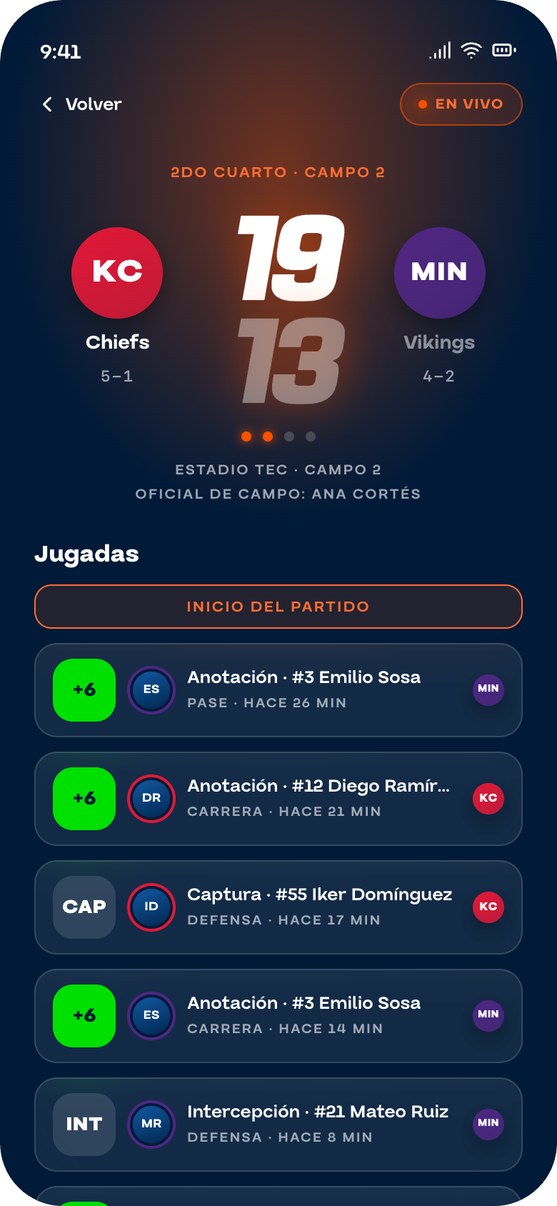 Partido en vivo con marcador y bitácora de jugadas